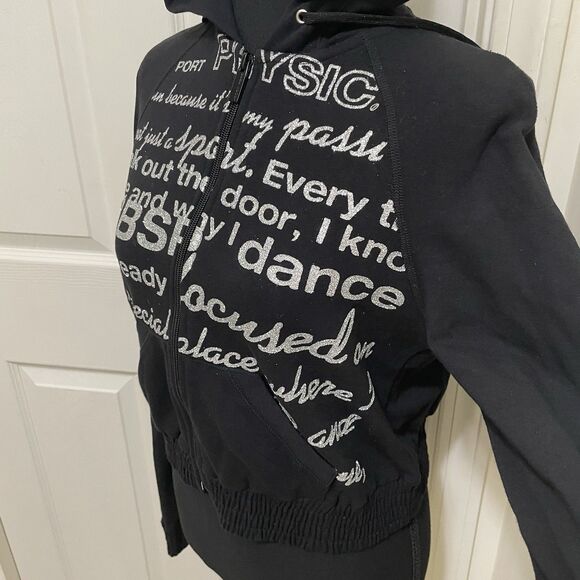 Vintage Bebe Sport Cropped Hoodie Black w/ Glitter Words Y2K Stretchy NWT Bling - Picture 3 of 9